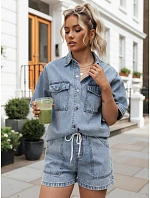 Dámska súprava s džínsovou košeľou a šortkami, svetlo modrá, FashionStreet AY1206
