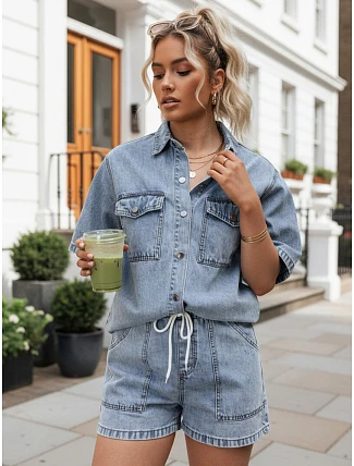 Dámska súprava s džínsovou košeľou a šortkami, svetlo modrá, FashionStreet AY1206