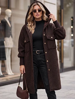 Dámsky dlhý kabát z ovčej kože s kapucňou, čokoládovo hnedý, FashionStreet NY0797