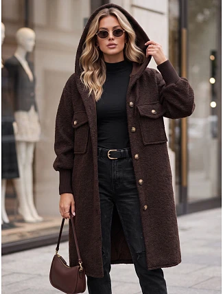 Dámsky dlhý kabát z ovčej kože s kapucňou, čokoládovo hnedý, FashionStreet NY0797 Dámsky dlhý kabát z ovčej kože s kapucňou, čokoládovo hnedý, FashionStreet NY0797