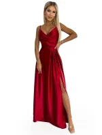 299-14 CHIARA elegantné dlhé saténové maxi šaty bez ramienok - ČERVENÉ 299-14 CHIARA elegantné dlhé saténové maxi šaty bez ramienok - ČERVENÉ