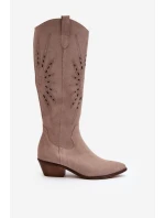 Zazoo 2909 Zamszowe Kozaki Ażurowe Na Niskim Obcasie Beżowe