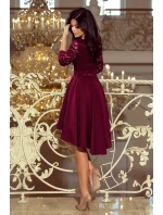 NICOLLE - Dámske šaty vo slivkovej farbe s dlhším zadným dielom a krajkovým výstrihom 210-13