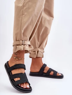 Materiałowe Damskie Klapki Na Rzep Czarne Jose