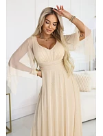 Dlhé ľahké trblietavé šaty 655-4 béžová - Numoco