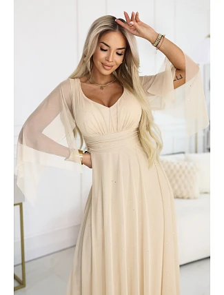 Dlhé ľahké trblietavé šaty 655-4 béžová - Numoco