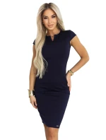 608-2 Zmyselné ceruzkové šaty s krátkymi rukávmi a ozdobným výstrihom - tmavomodré