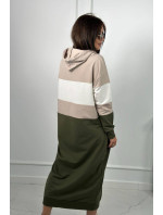 Trikolórne šaty s kapucňou béžová + ecru + khaki
