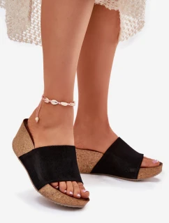 Zazoo 40311 Zamszowe Klapki Damskie Na Korkowym Koturnie Czarne