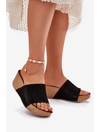 Zazoo 40311 Zamszowe Klapki Damskie Na Korkowym Koturnie Czarne