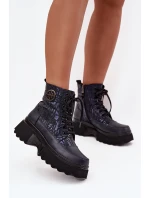 Skórzane Botki Damskie Na Platformie Z Napisami I Ozdobnym Detalem Artiker 57C2271 Granatowe