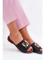 Klapki Damskie Na Płaskim Obcasie Z Ozdobą Czarne Clelione