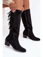 Dámské kozačky na podpatku s třásněmi zateplené černé Firlina