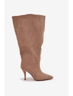 Wsuwane Kozaki Damskie Na Szpilce Z Eko Zamszu Beżowe Noretta