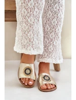 Skórzane Klapki Z Ozdobą Na Płaskim Obcasie Zazoo 3047/O Złote