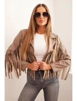 Dámska bunda z ekokože so strapcami v štýle boho fango