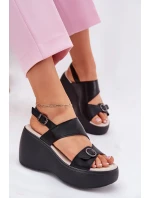 Skórzane Sandały Damskie Na Koturnie I Platformie S.Barski LR51-540 Czarne