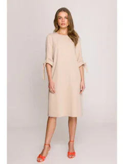 S393 Šaty áčkového strihu so zaväzovacími rukávmi - béžové