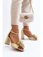 Sandały Skórzane Na Słupku Z Ozdobą Laura Messi 2758 Beżowe