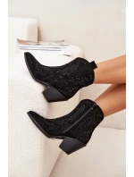 Ocieplane Damskie Botki Kowbojki Ze Zdobieniem Czarne Lelira