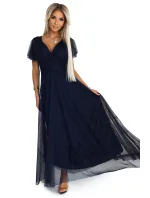 562-1 NASTIA Dlhé šaty s výstrihom a krátkymi rukávmi - ZELENÉ