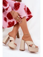 Klapki Damskie Na Platformie I Słupku Beżowe Lenobos