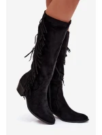 Dámské kozačky na podpatku s třásněmi zateplené černé Firlina