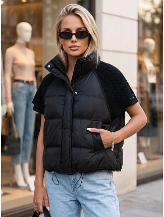 Krátka dámska prešívaná perová vesta, čierna, FashionStreet TY5925 Krátka dámska prešívaná perová vesta, čierna, FashionStreet TY5925