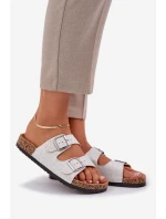 Materiałowe Klapki Na Korkowej Podeszwie Z Klamrami Jasnoszare Atera