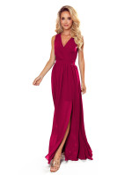JUSTINE - Dlhé dámske šaty v bordovej farbe s výstrihom a zaväzovaním 362-5