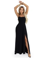 589-5 Maxi šaty bez ramienok s korzetovým zaväzovaním vzadu a rozparkom - čierne