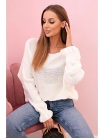 Dámsky mohérový sveter s nariasenými rukávmi a výstrihom na chrbte ecru