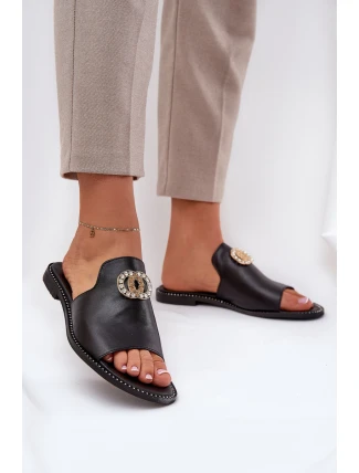 Eleganckie Skórzane Klapki Damskie Z Ozdobą Zazoo 3008 Czarne