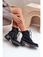 Zdobione Botki Workery Damskie Ocieplane D&A MR880-017 Czarne