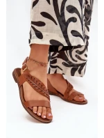 Sandały Damskie Z Naturalnej Skóry Na Płaskim Obcasie Zazoo 3564 Camel