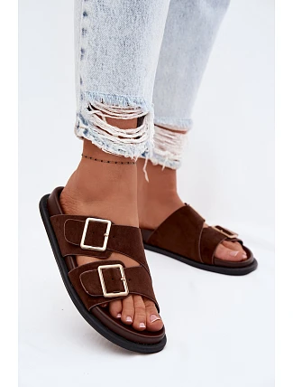 Dámské pantofle z imitace semiše s zlatými přezkami čokoládové Selissea