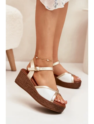 Sandały Damskie Na Koturnie S.Barski PL51-324 Biało-Złote