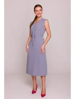 S410 Šaty áčkového strihu so zaväzovaním a výstrihom do V - holubičia sivá