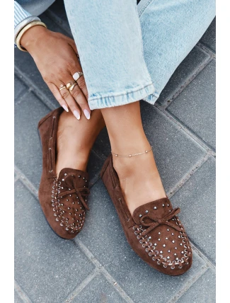 Zdobione Mokasyny Damskie Z Eko Zamszu Brązowe Prissine