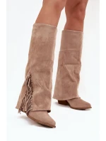 Wsuwane Kozaki Kowbojki Damskie Na Słupku Z Frędzlami Beżowe Zalia