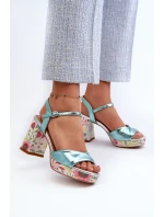 Sandały Damskie Na Słupku W Kwiaty D&A CR980 Błękitne