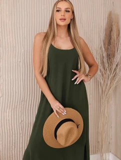 Dlhé khaki šaty bez ramienok