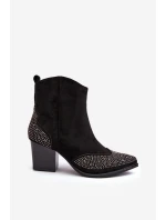Damskie Zdobione Botki Kowbojki Na Słupku Czarne Eleduana