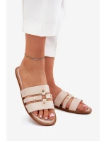 Płaskie Klapki Damskie Ze Złotym Detalem Beżowe Noroti