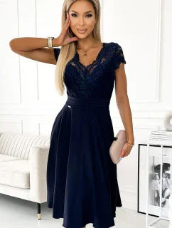 381-4 LINDA - šifónové šaty s čipkovým výstrihom - ZELENÉ