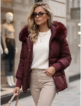 Dámska zimná prešívaná bunda s kapucňou, bordová, FashionStreet TY6003