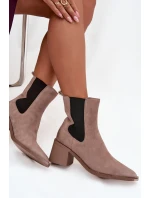 Skórzane Zamszowe Botki Damskie Na Słupku Ocieplane Artiker 57C0045 Beżowe