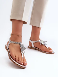 Płaskie Sandały Damskie Z Ozdobnym Kwiatkiem Srebrne Edoni