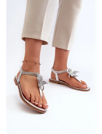 Płaskie Sandały Damskie Z Ozdobnym Kwiatkiem Srebrne Edoni Płaskie Sandały Damskie Z Ozdobnym Kwiatkiem Srebrne Edoni