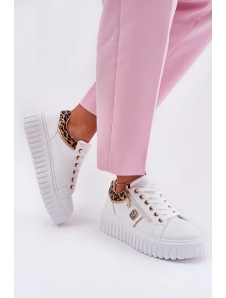 Buty Sportowe Damskie Na Platformie Z Eko Skóry Panterka Białe Velionna